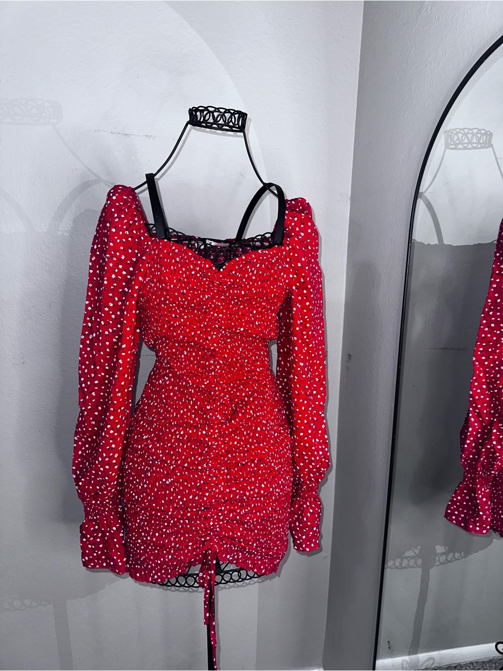 Red Long-Sleeve Polka Dot Mini Dress with Sweetheart Neckline